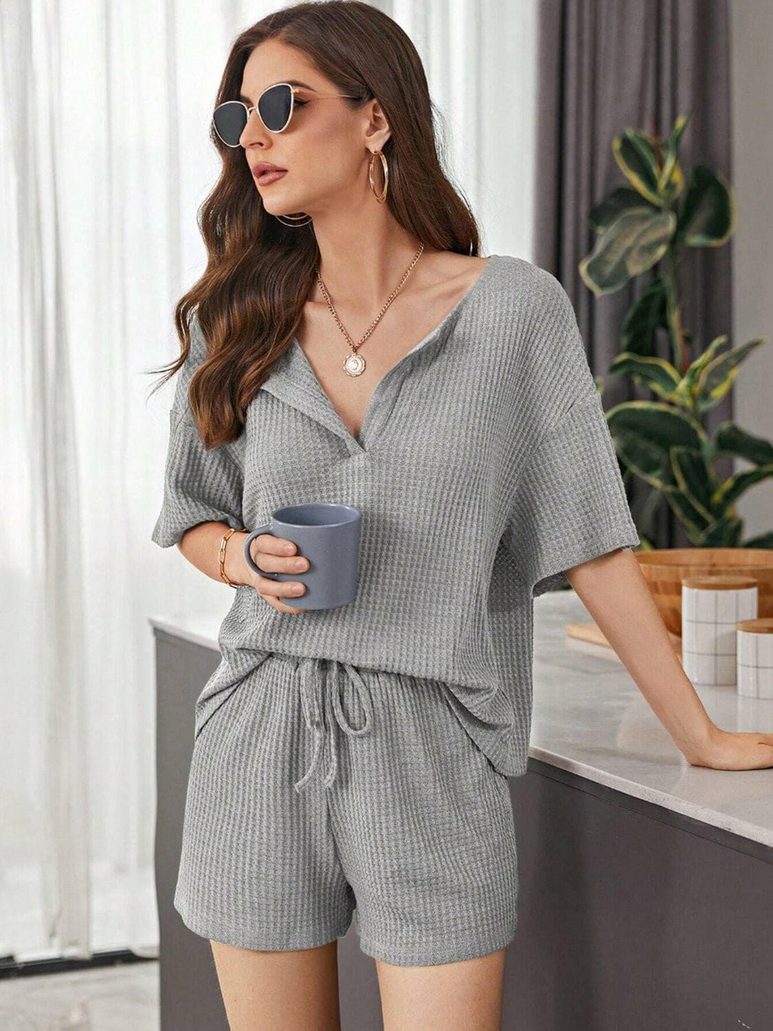 Full Size Waffle-Knit Dropped Shoulder Top and Shorts Set - Love Salve