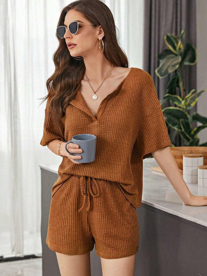 Full Size Waffle-Knit Dropped Shoulder Top and Shorts Set - Love Salve