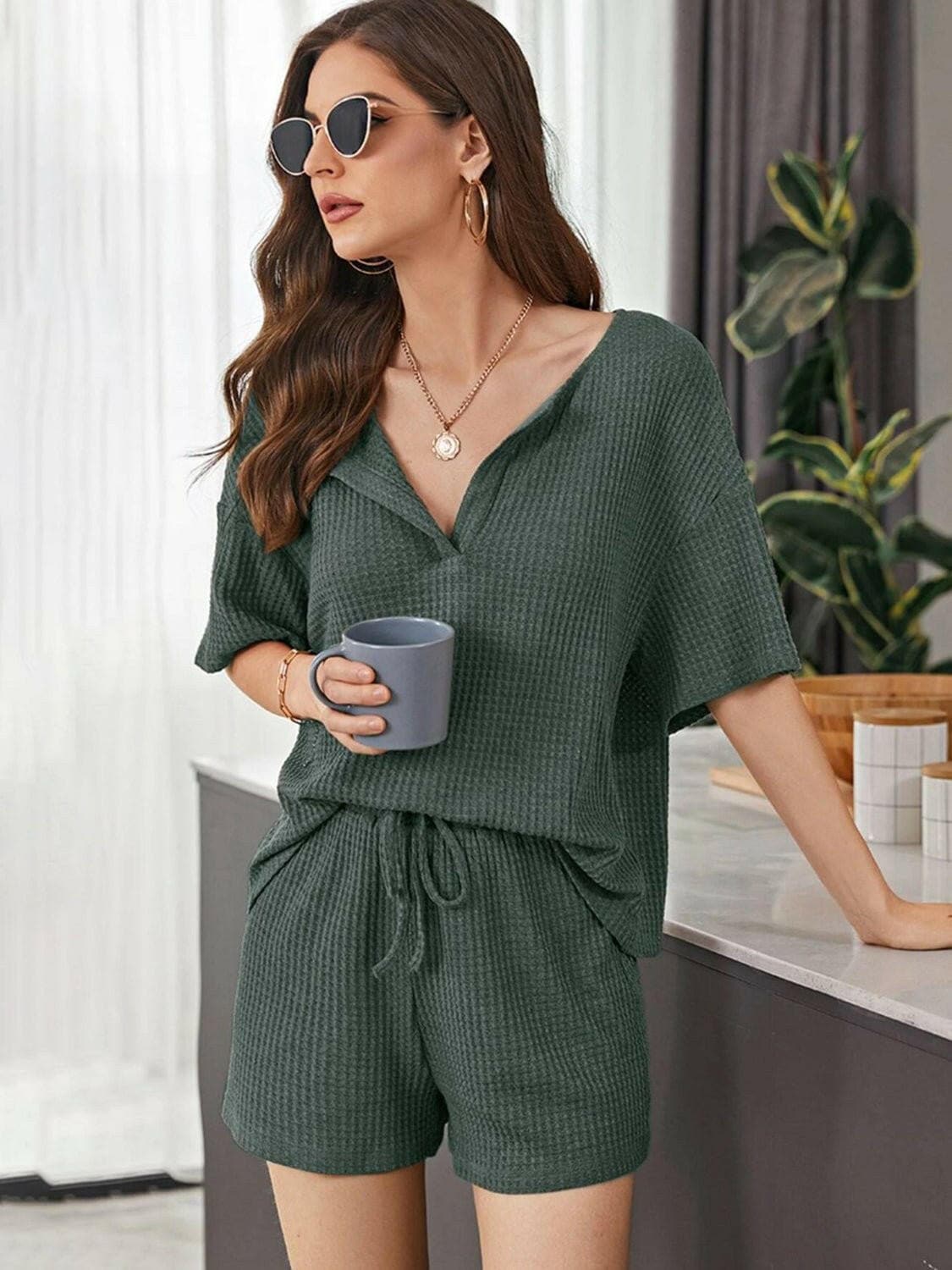 Full Size Waffle-Knit Dropped Shoulder Top and Shorts Set - Love Salve