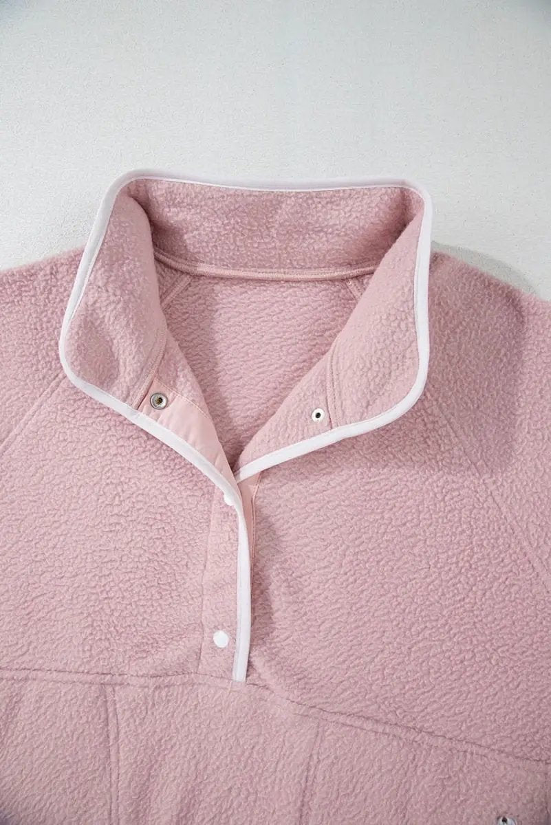 Fushia Stand Neck Half Button Zip Pocket Plush Sweatshirt - Love Salve 