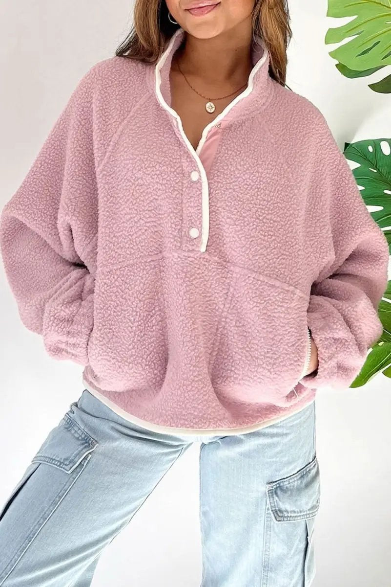 Fushia Stand Neck Half Button Zip Pocket Plush Sweatshirt - Love Salve 