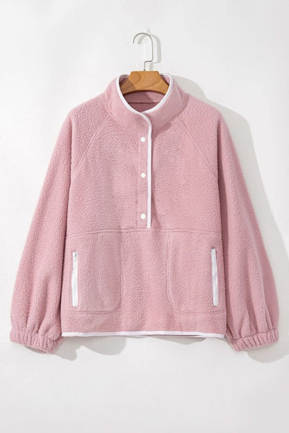 Fushia Stand Neck Half Button Zip Pocket Plush Sweatshirt - Love Salve 