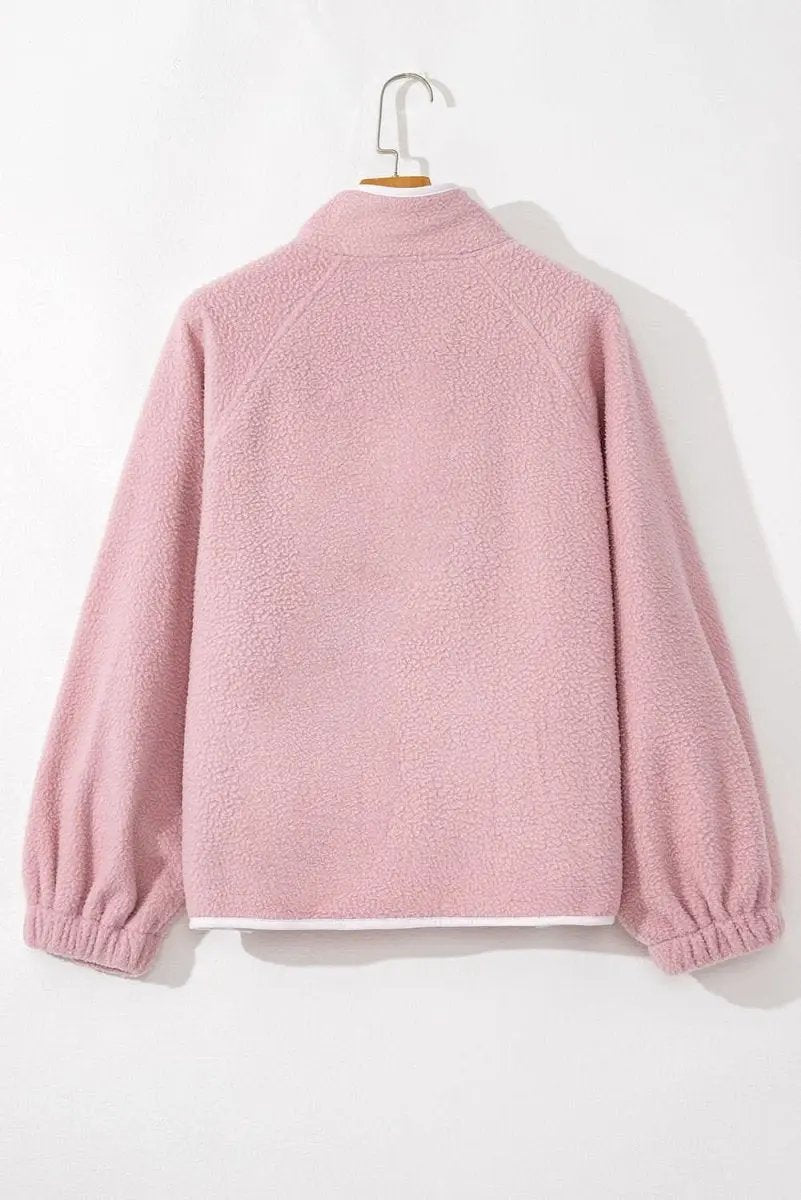 Fushia Stand Neck Half Button Zip Pocket Plush Sweatshirt - Love Salve 
