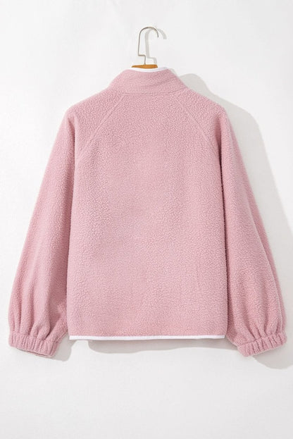 Fushia Stand Neck Half Button Zip Pocket Plush Sweatshirt - Love Salve 