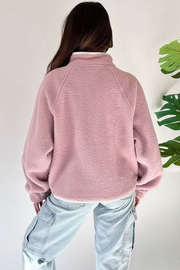 Fushia Stand Neck Half Button Zip Pocket Plush Sweatshirt - Love Salve 
