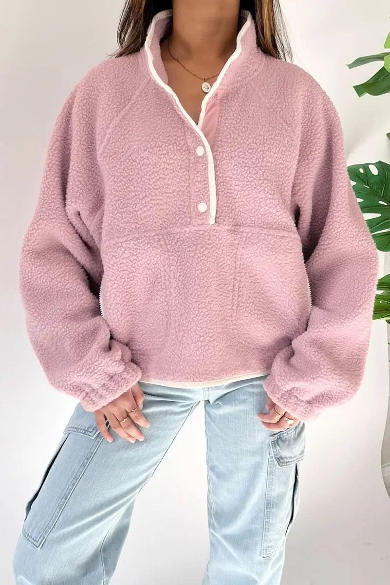 Fushia Stand Neck Half Button Zip Pocket Plush Sweatshirt - Love Salve 