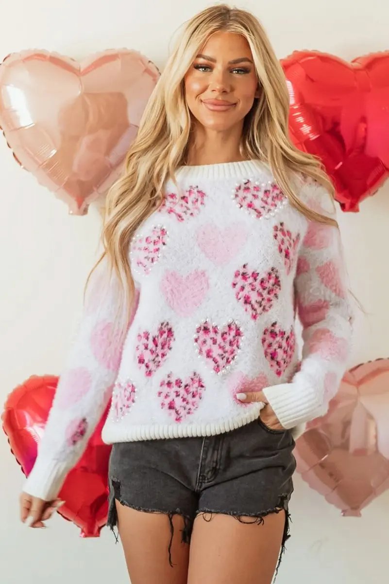 Fuzzy Pink Leopard Heart Sweater with Pearled Accents - Love Salve 