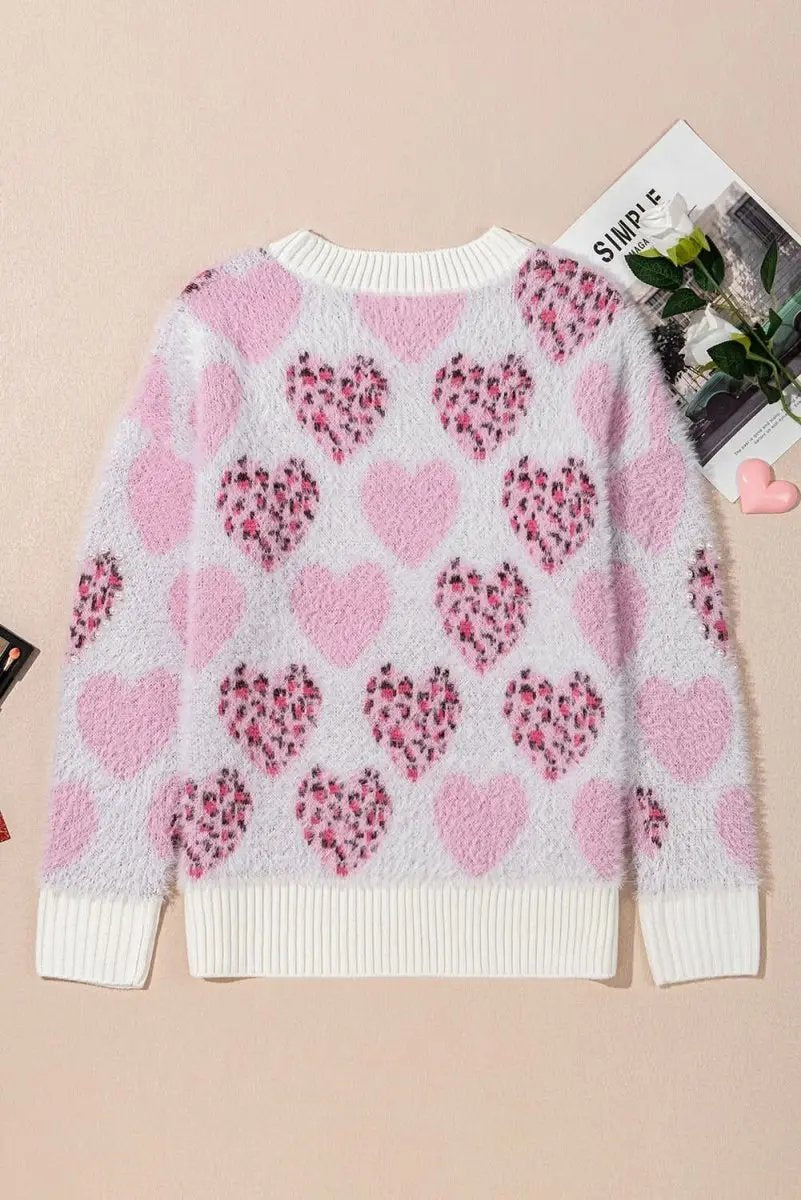 Fuzzy Pink Leopard Heart Sweater with Pearled Accents - Love Salve 