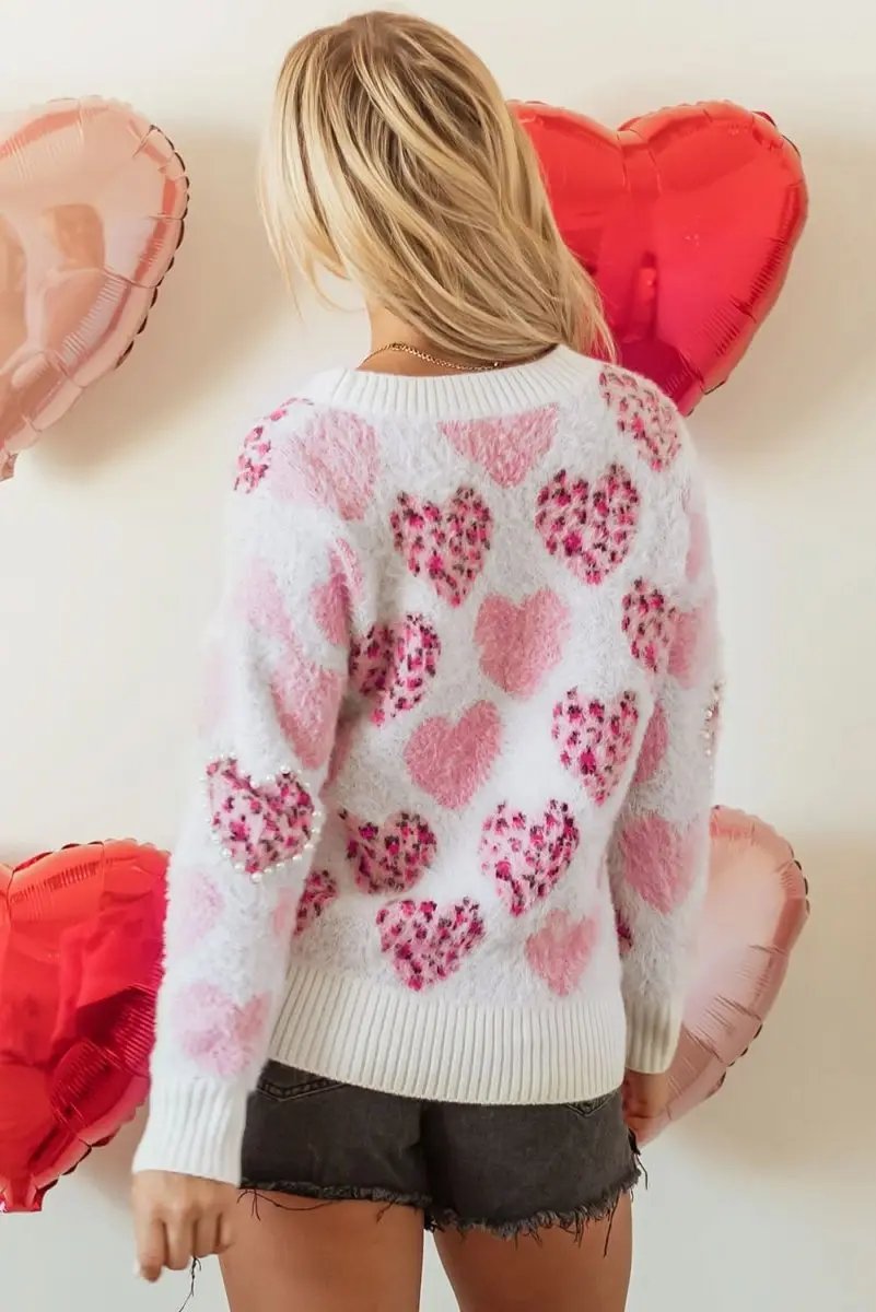 Fuzzy Pink Leopard Heart Sweater with Pearled Accents - Love Salve 