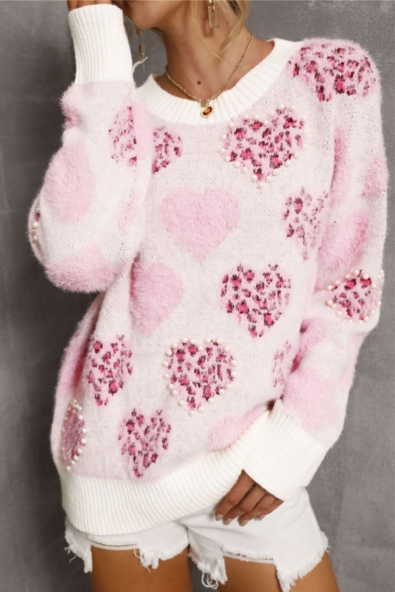 Fuzzy Pink Leopard Heart Sweater with Pearled Accents - Love Salve
