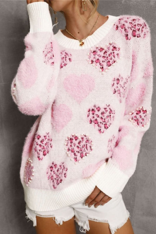 Fuzzy Pink Leopard Heart Sweater with Pearled Accents - Love Salve 