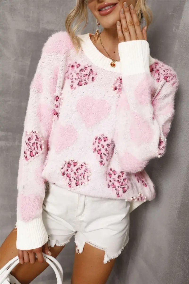 Fuzzy Pink Leopard Heart Sweater with Pearled Accents - Love Salve 