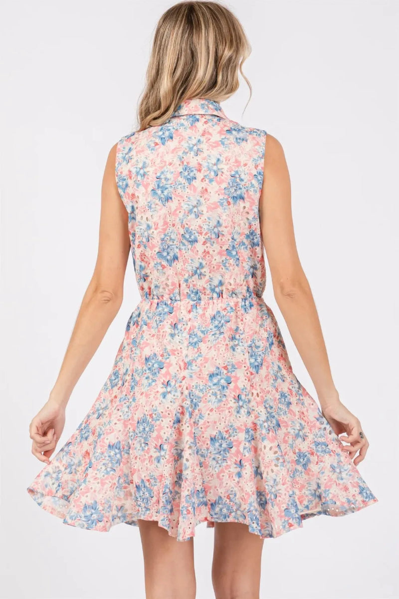 GeeGee Full Size Floral Eyelet Sleeveless Mini Dress for Summer - Love Salve 