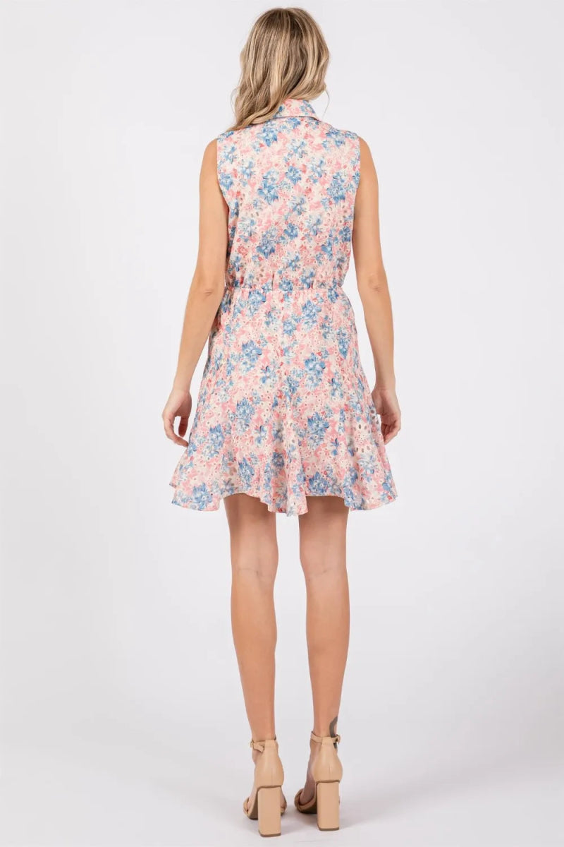 GeeGee Full Size Floral Eyelet Sleeveless Mini Dress for Summer - Love Salve 