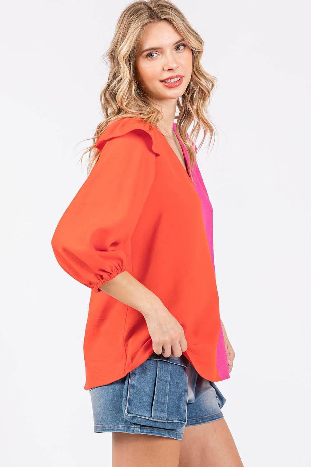 Ruffle Elegance Contrast BlouseStep into Sophistication
 Indulge in the epitome of elegance with our Ruffle Elegance Contrast Blouse, a perfect fusion of timeless allure and modern style.
 
 Key FLove Salve Ruffle Elegance Contrast Blouseusa