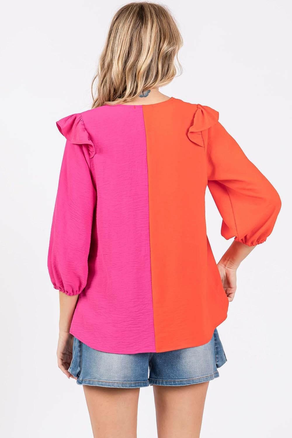 Ruffle Elegance Contrast BlouseStep into Sophistication
 Indulge in the epitome of elegance with our Ruffle Elegance Contrast Blouse, a perfect fusion of timeless allure and modern style.
 
 Key FLove Salve Ruffle Elegance Contrast Blouseusa