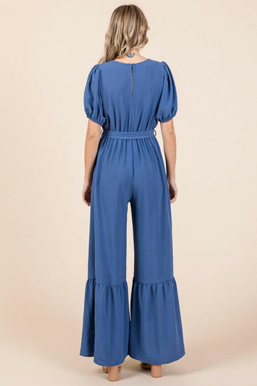 GeeGee Full Size V-Neck Belted Wide Leg Jumpsuit - Love Salve