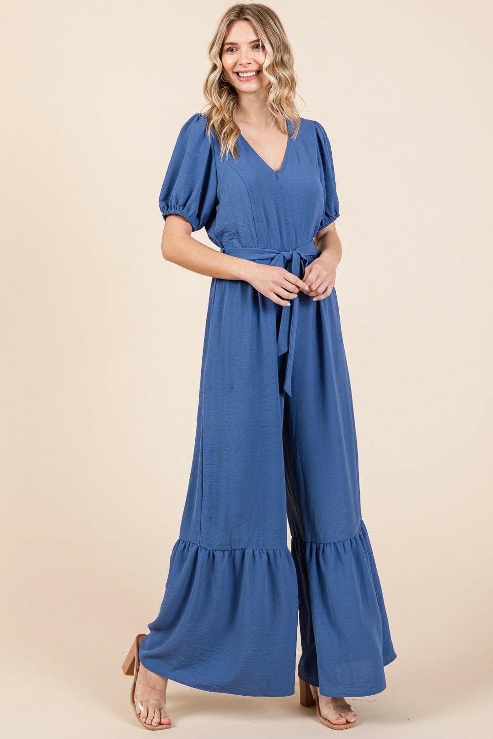 GeeGee Full Size V-Neck Belted Wide Leg Jumpsuit - Love Salve