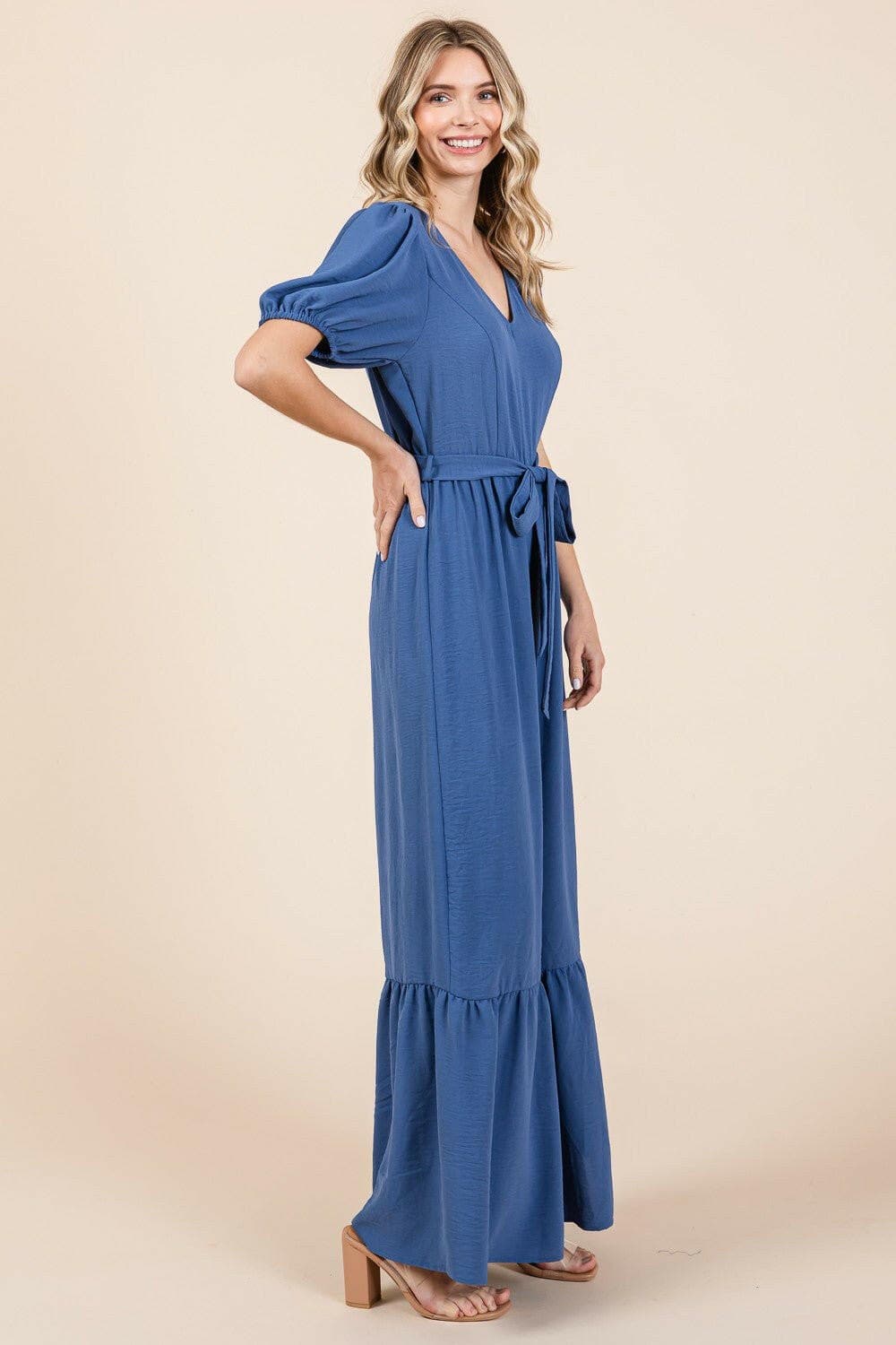 GeeGee Full Size V-Neck Belted Wide Leg Jumpsuit - Love Salve