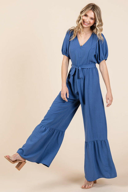 GeeGee Full Size V-Neck Belted Wide Leg Jumpsuit - Love Salve