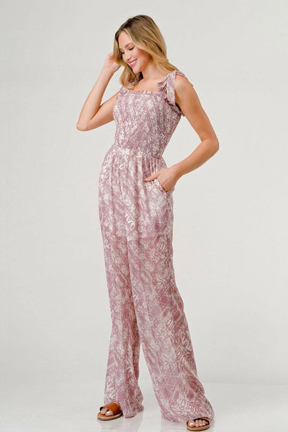 GeeGee Printed Tie Shoulder Wide Leg Jumpsuit - Love Salve