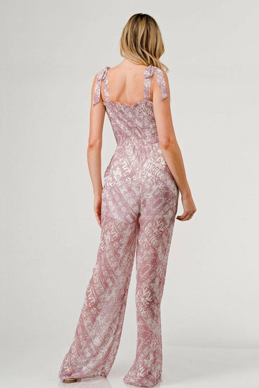 GeeGee Printed Tie Shoulder Wide Leg Jumpsuit - Love Salve