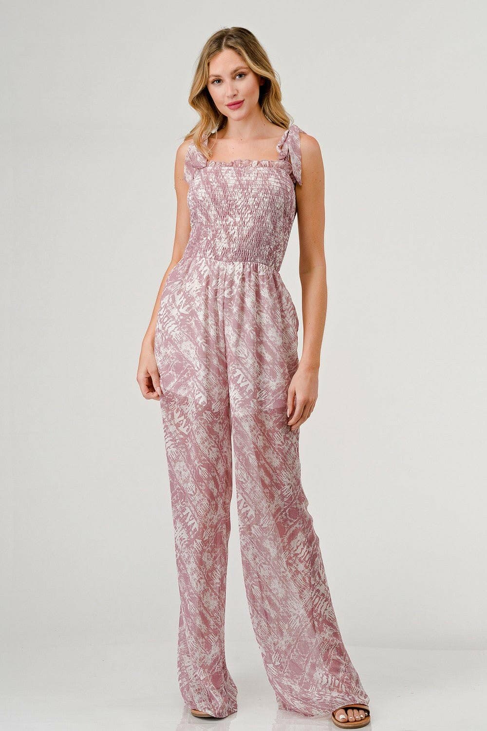 GeeGee Printed Tie Shoulder Wide Leg Jumpsuit - Love Salve