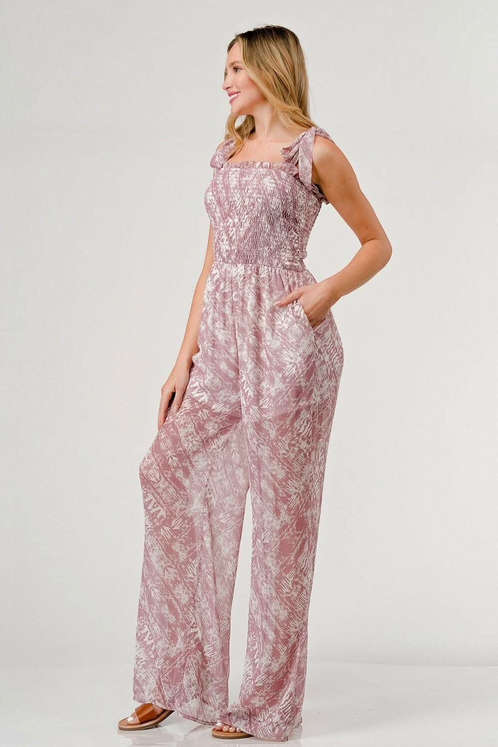 GeeGee Printed Tie Shoulder Wide Leg Jumpsuit - Love Salve