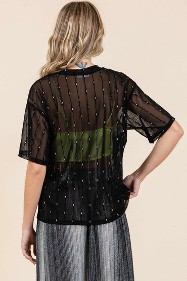 GeeGee Round Neck Drop Shoulder Mesh Glitter Top - Love Salve