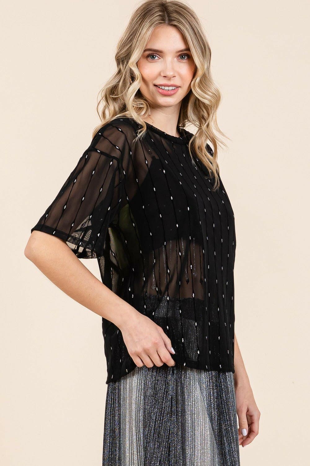 GeeGee Round Neck Drop Shoulder Mesh Glitter Top - Love Salve