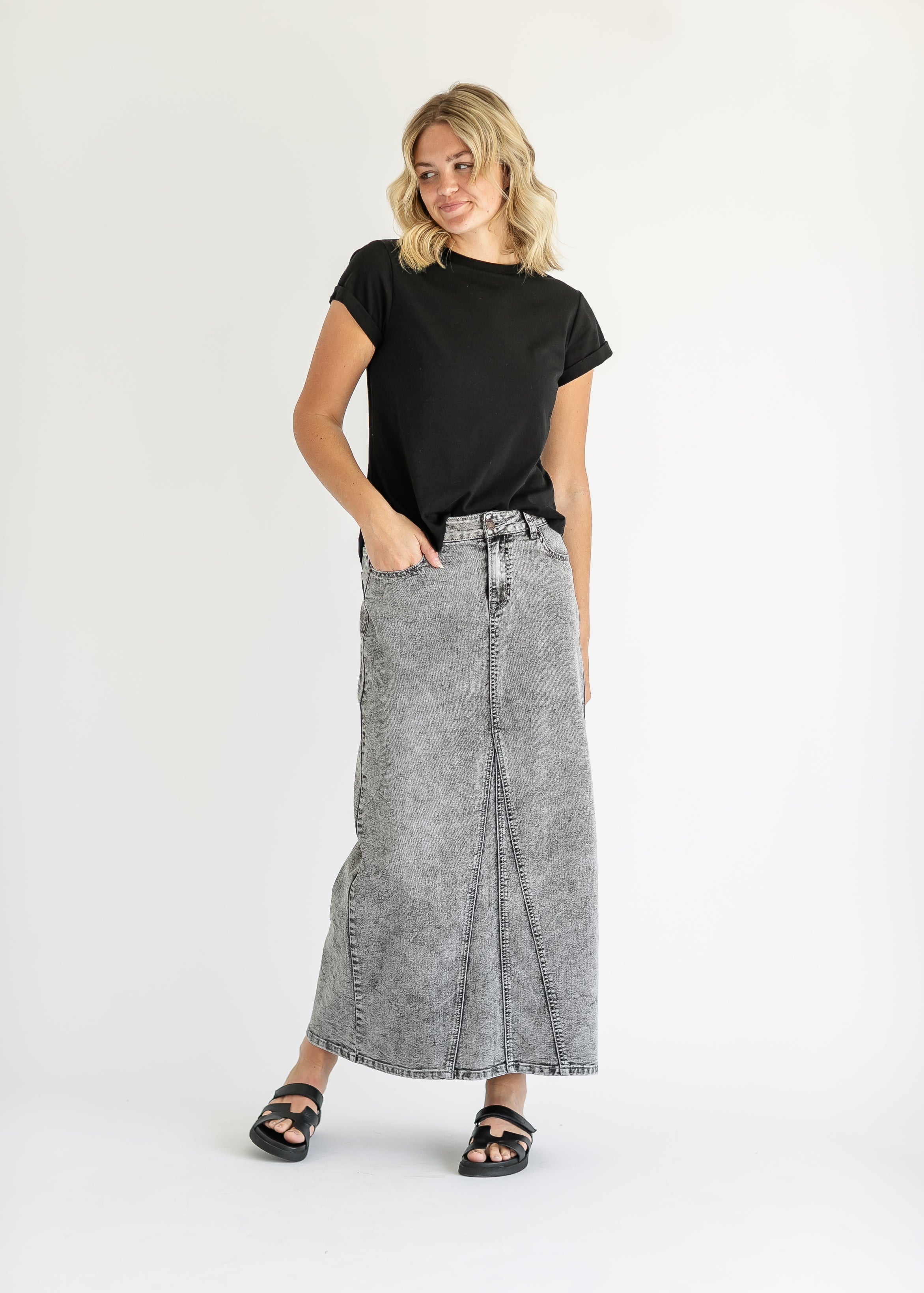 Genevieve A-line Denim Maxi Skirt Inherit Co.
