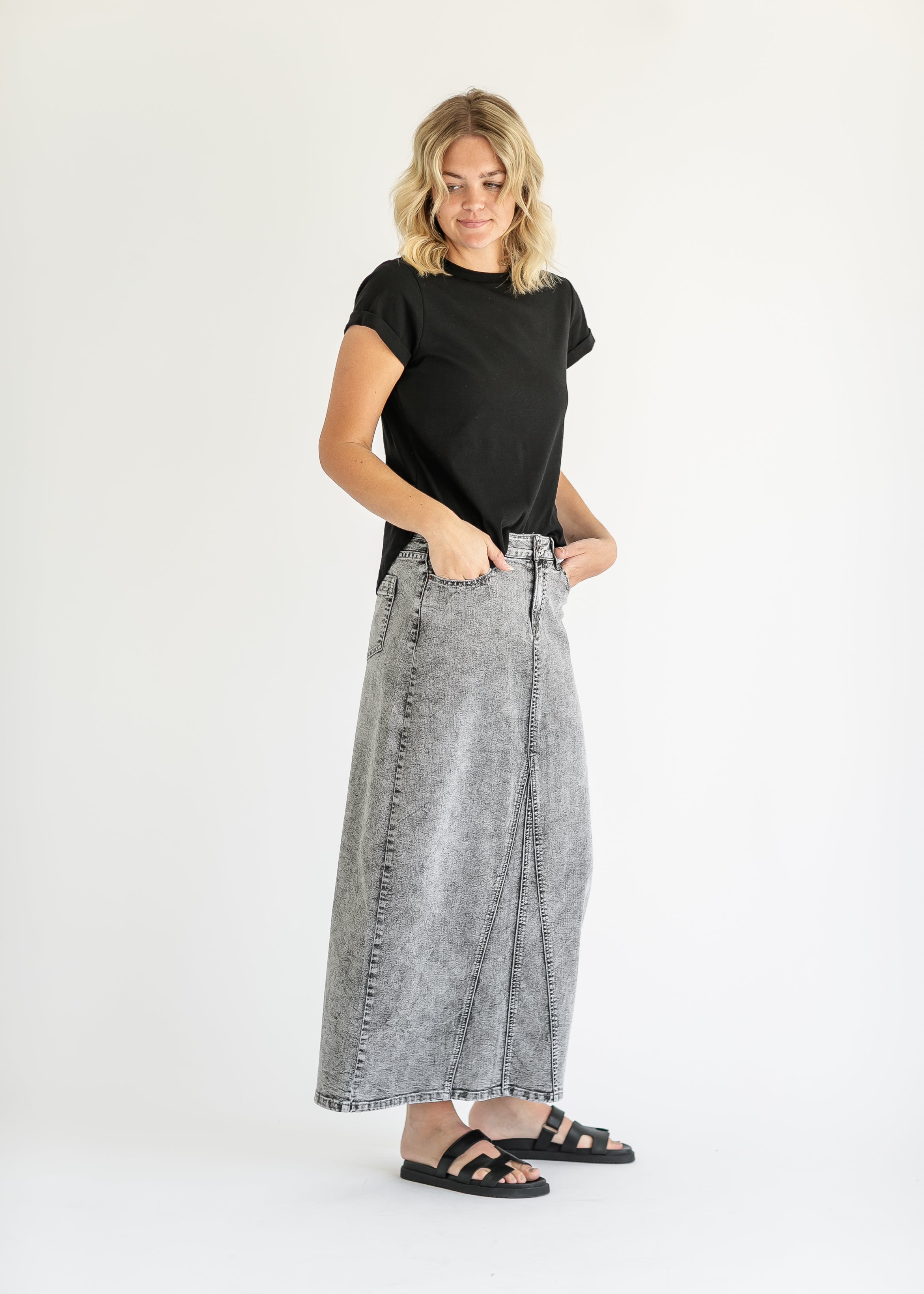 Genevieve A-line Denim Maxi Skirt Inherit Co.