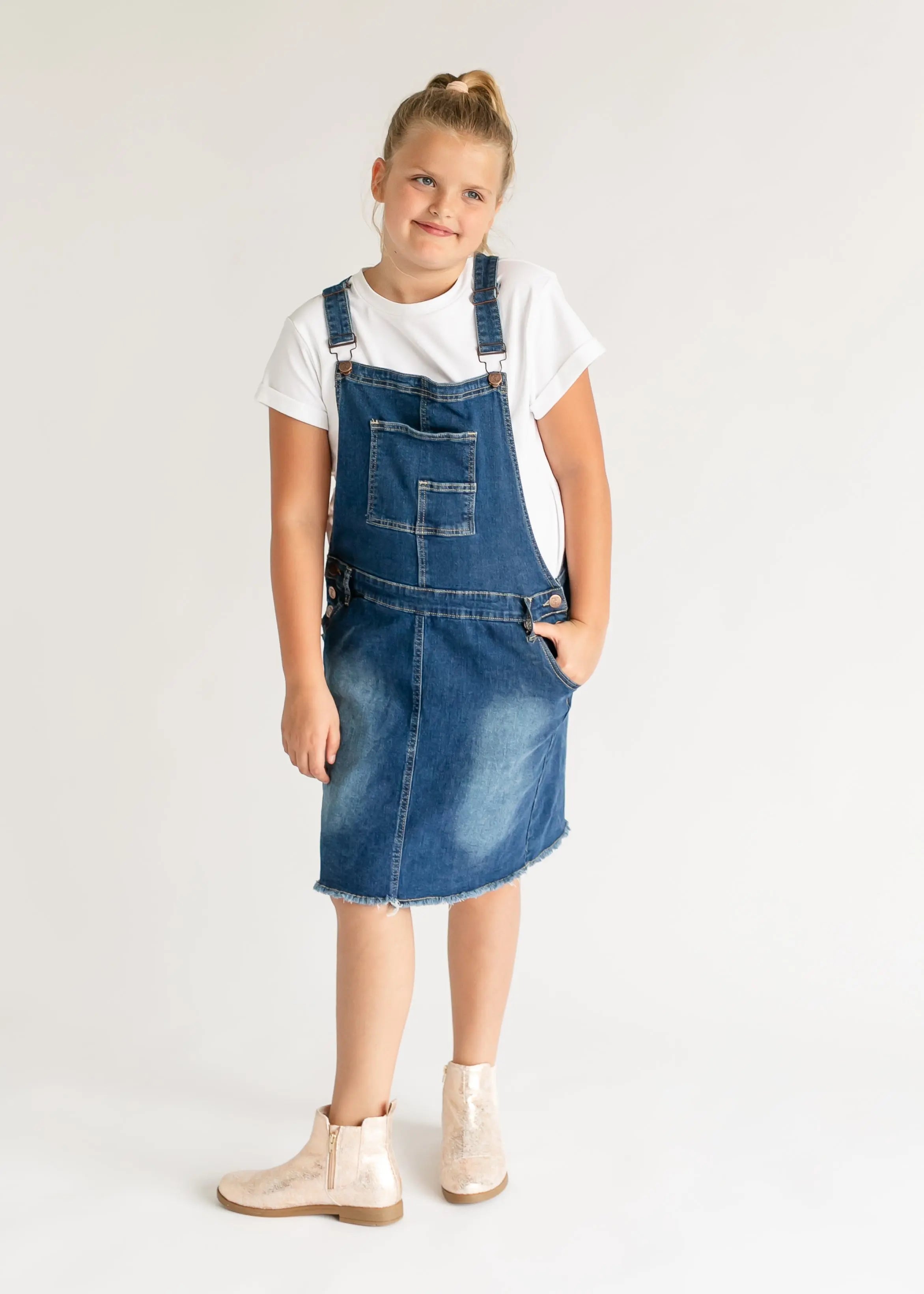 DOORBUSTER - Girl's Aria Denim Overall Jumper Dress - FINAL SALE Inherit Co.