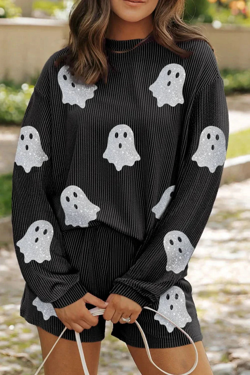 Glitter Ghost Round Neck Long Sleeve Top and Shorts Set - Love Salve