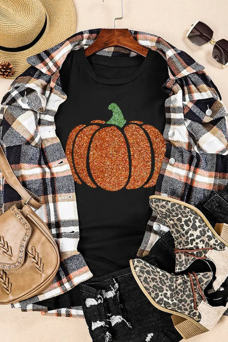 Glitter Pumpkin Round Neck Short Sleeve T-Shirt for Women - Love Salve 