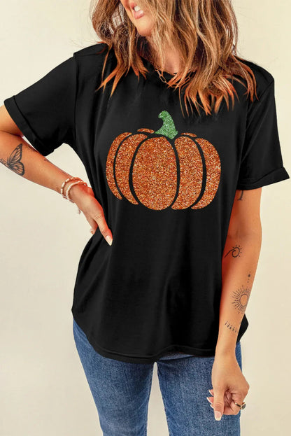 Glitter Pumpkin Round Neck Short Sleeve T-Shirt for Women - Love Salve 