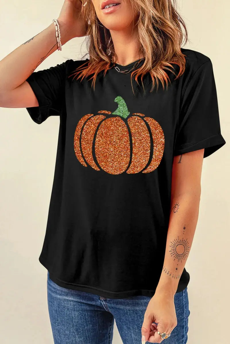 Glitter Pumpkin Round Neck Short Sleeve T-Shirt for Women - Love Salve 