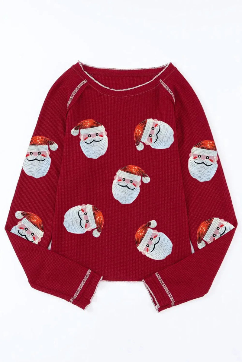 Glittering Sequin Santa Long Sleeve Blouse with Round Neck - Love Salve 