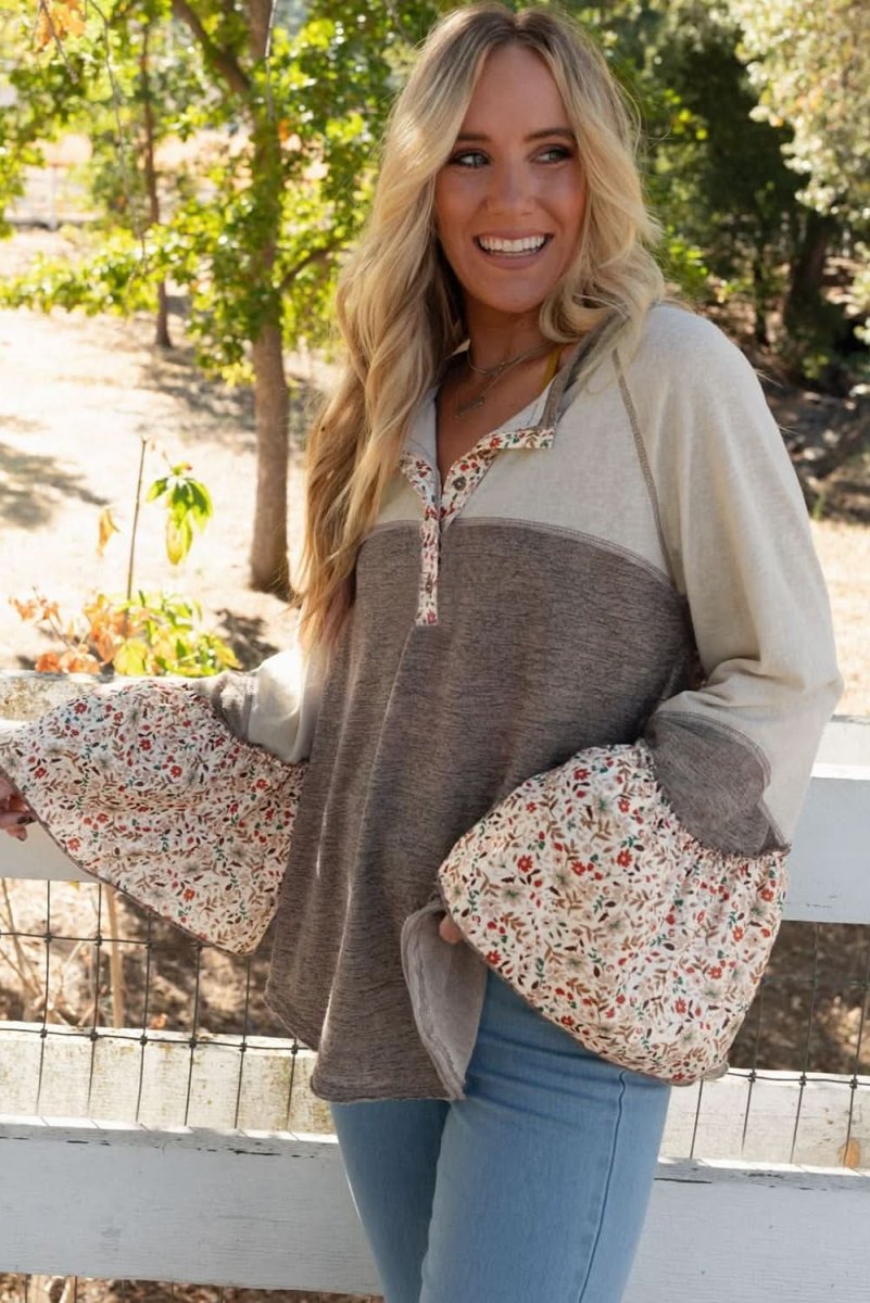 Goat Colorblock Floral Patchwork Flared Sleeve Buttons Henley Top - Love Salve 