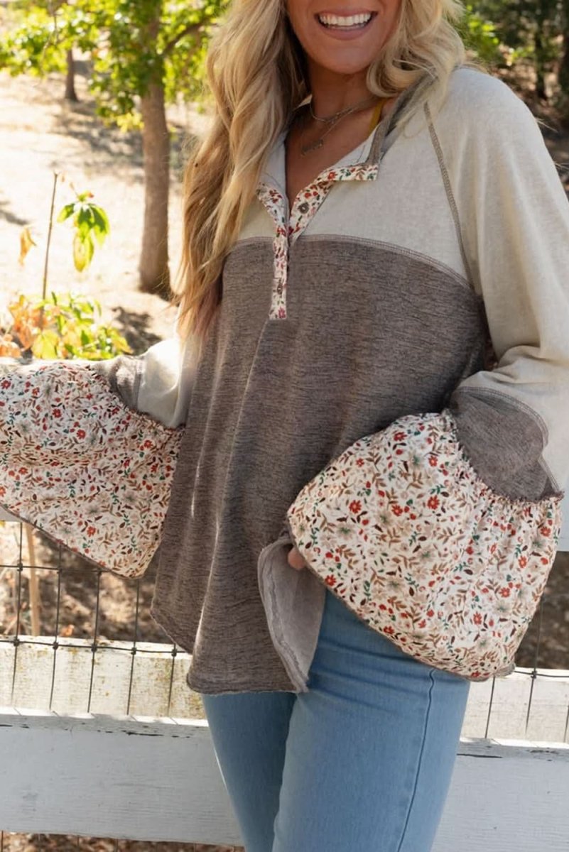 Goat Colorblock Floral Patchwork Flared Sleeve Buttons Henley Top - Love Salve 