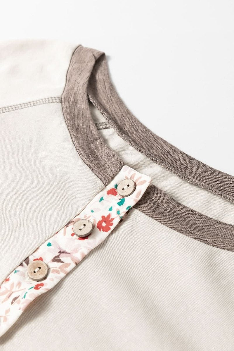 Goat Colorblock Floral Patchwork Flared Sleeve Buttons Henley Top - Love Salve 