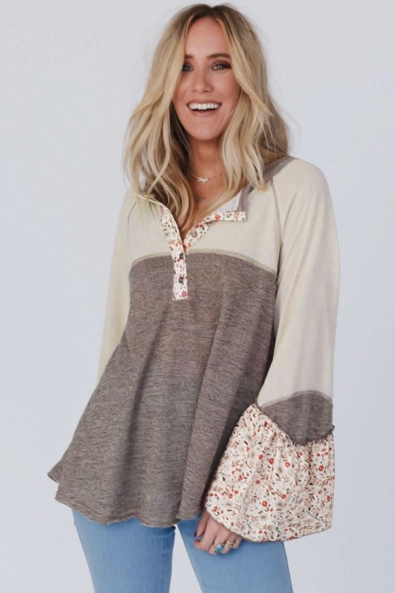 Goat Colorblock Floral Patchwork Flared Sleeve Buttons Henley Top - Love Salve 