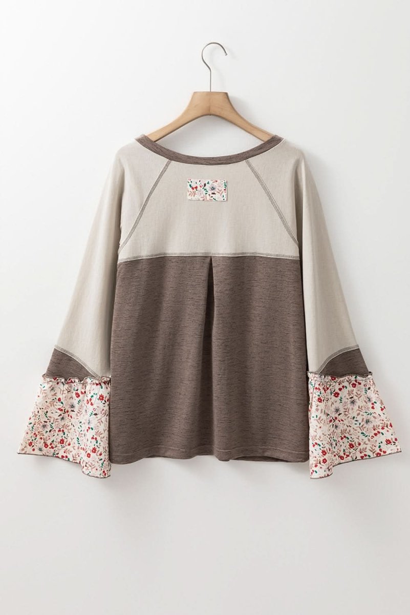 Goat Colorblock Floral Patchwork Flared Sleeve Buttons Henley Top - Love Salve 