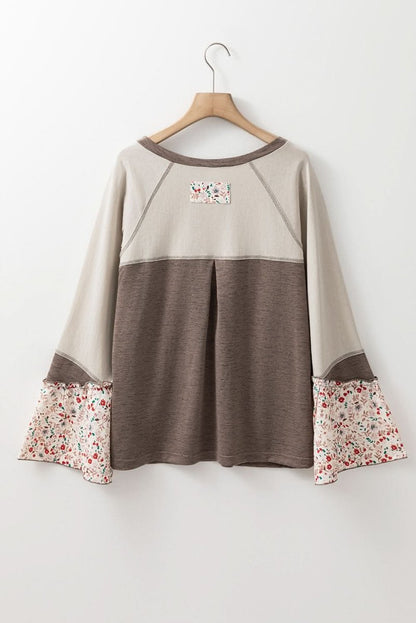 Goat Colorblock Floral Patchwork Flared Sleeve Buttons Henley Top - Love Salve 