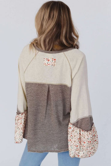 Goat Colorblock Floral Patchwork Flared Sleeve Buttons Henley Top - Love Salve 