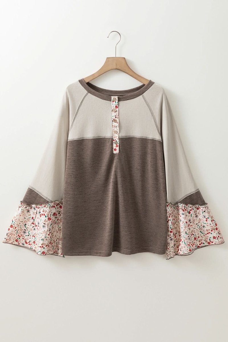 Goat Colorblock Floral Patchwork Flared Sleeve Buttons Henley Top - Love Salve 
