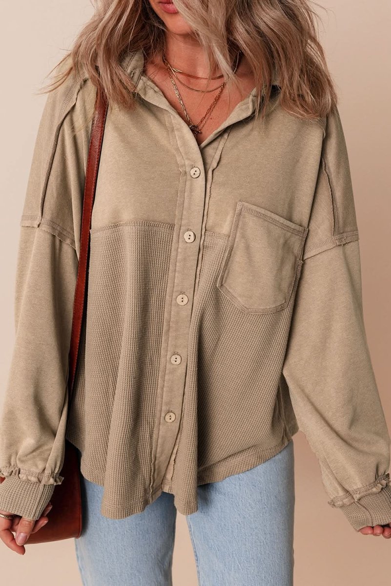 Goat Mineral Wash Textured Patchwork Loose Fit Shacket - Love Salve 