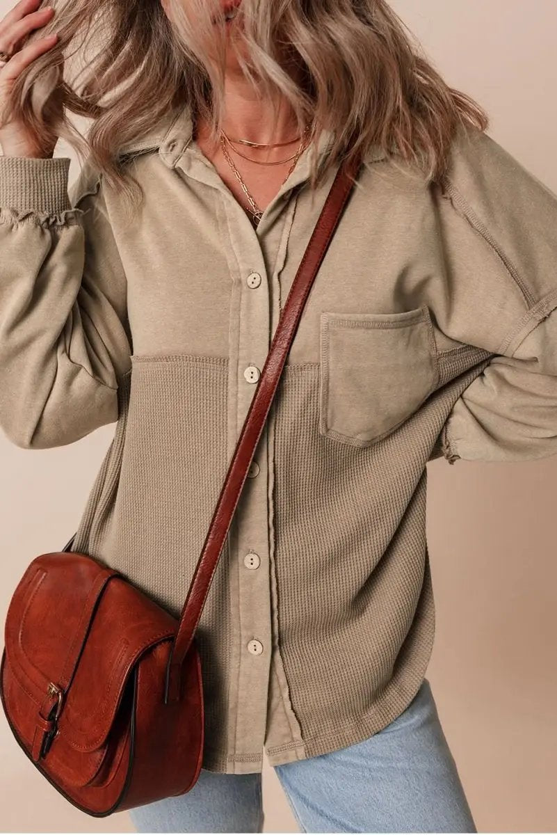 Goat Mineral Wash Textured Patchwork Loose Fit Shacket - Love Salve 