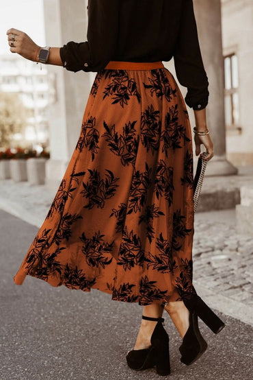 Gold Flame Floral Leaves Embroidered High Waist Maxi Skirt - Love Salve