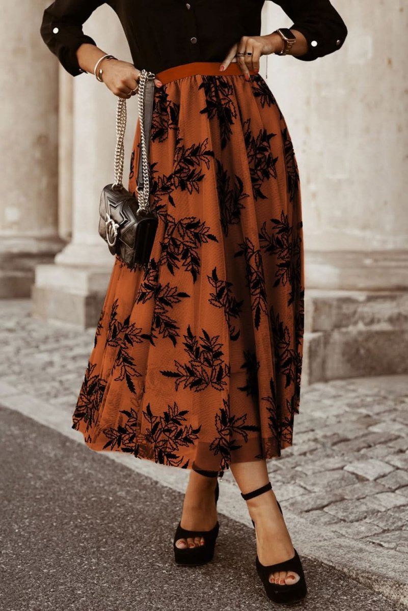 Gold Flame Floral Leaves Embroidered High Waist Maxi Skirt - Love Salve